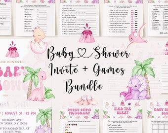 May include: A pink and green baby shower invitation with a dinosaur theme. The invitation includes the text "Baby Shower Invite + Games Bundle" and details for the event, including the date, time, and location.