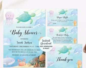 Under the Sea Baby Shower Invitation, Ocean Baby Shower Invitation, Under the Sea Baby Shower, Under the Sea Diaper Raffle, Gender Neutral