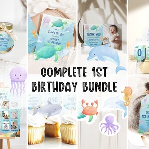 May include: A complete 1st birthday party bundle with an under the sea theme. The bundle includes a printable invitation, thank you card, high chair banner, cupcake toppers, favor tags, and a photo collage. The colors are blue, green, and white.