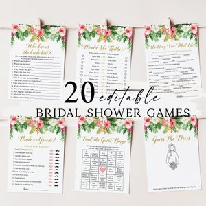 May include: Twenty printable bridal shower games with a tropical floral theme. The games include "Who Knows the Bride Best?", "Would She Rather?", "Wedding Mad Libs", "Bride or Groom?", "Find the Guest Bingo", and "Guess the Dress".