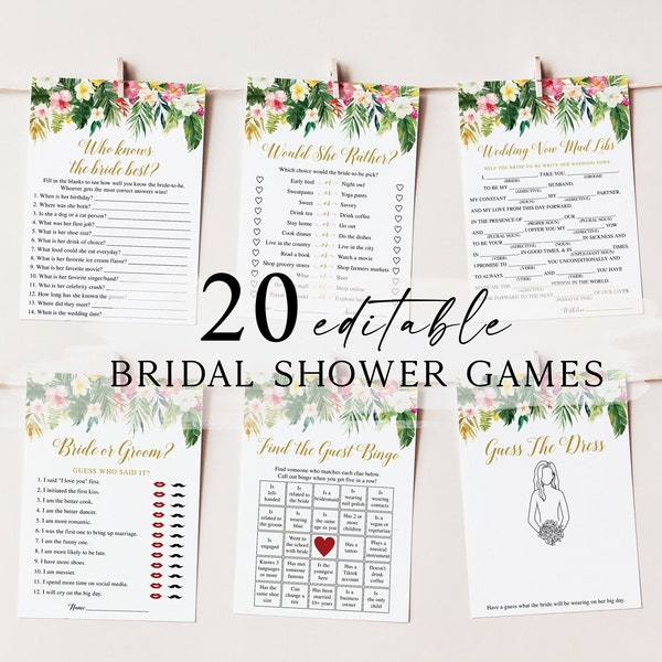 20 Tropical Bridal Shower Games, Printable Bridal Shower Games, Tropical Bridal Shower, Wedding Shower Games, Summer Bridal Shower Games