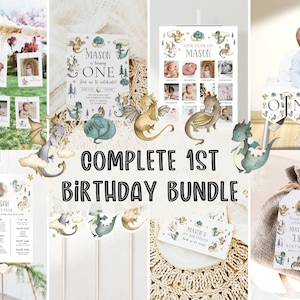 May include: A complete first birthday party bundle with a dragon theme. The bundle includes a high chair banner, a printable sign, a photo collage, a favor tag, and cupcake toppers. The colors are green, blue, gold, and white.