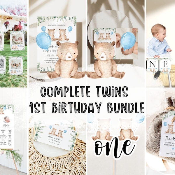 Twins 1st Birthday Bundle, Twins Wild One Birthday, Twin Bear Invitation Bundle, One Birthday Invite, 1st Birthday Invite, Birthday Twins