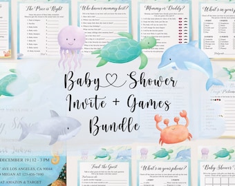 Under the Sea Baby Shower Bundle, Sea Animals Baby Shower, Ocean Baby Shower Games, Under the Sea Baby Shower Games, Under the Sea Invite