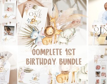 Könnte beinhalten: Ein komplettes 1. Geburtstags-Bundle mit Safari-Thema. Enthält Fotokarten, ein Hochstuhl-Banner, ein Schild und Geschenkanhänger. Das Design zeigt Aquarellillustrationen von Tieren und den Text "Wild One".