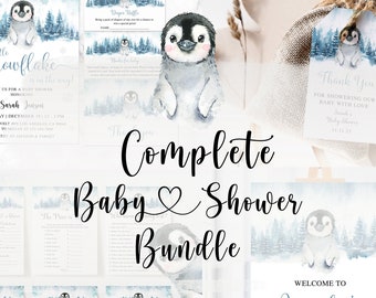 May include: A complete baby shower bundle with a winter theme featuring a penguin illustration. The bundle includes a welcome sign, invitations, thank you tags, and games. The text on the welcome sign reads "Welcome to Jennifer's Baby Shower December 16th, 2023".