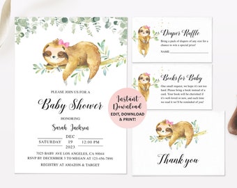 Girl Sloth Baby Shower Invitation, Girl Sloth Baby Shower Invite, Sloth Baby Shower, Girl Sloth Baby Shower, Sloth Diaper Raffle