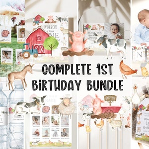 Pode incluir: Um conjunto completo para o 1&ordm; anivers&aacute;rio com tema de fazenda. O conjunto inclui convites, decora&ccedil;&otilde;es e adere&ccedil;os fotogr&aacute;ficos com ilustra&ccedil;&otilde;es de animais de fazenda, um celeiro vermelho e o texto "COMPLETE 1ST BIRTHDAY BUNDLE".