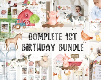 May include: A complete 1st birthday bundle featuring a farm theme. The set includes invitations, decorations, and photo props with illustrations of farm animals, a red barn, and the text "COMPLETE 1ST BIRTHDAY BUNDLE".