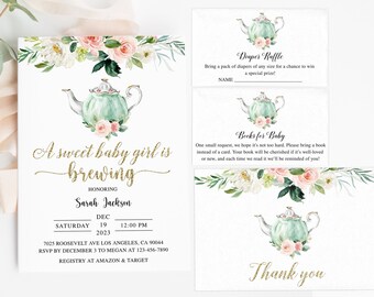 May include: A baby shower invitation set featuring a watercolor green teapot and pink floral accents. The text reads A sweet baby girl is brewing, honoring Sarah Jackson, Dec 19 2023, 12:00 PM, 7025 Roosevelt Ave Los Angeles, CA 90044, RSVP, and registry.