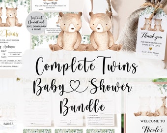 Twins Baby Shower Bundle, Twins Baby Shower, Twin Bear Baby Shower, Twin Bear Baby Shower Games, Twins Baby Shower Invitation, Twins Shower