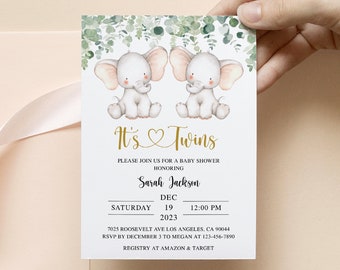 Faire-part de baby shower de jumeaux éléphant, invitation de shower de bébé éléphant de jumeaux, invitation de shower de bébé éléphant de jumeaux, invitation de baby shower de jumeaux