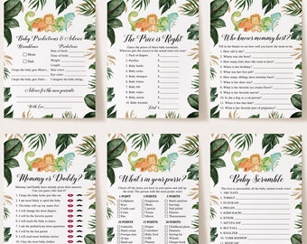 Puede incluir: Un conjunto de tarjetas de juego de baby shower imprimibles con temática de jungla con dinosaurios. Las tarjetas incluyen juegos como "Predicciones y consejos para bebés", "El precio es correcto", "¿Quién conoce mejor a mamá?", "¿Mamá o papá?", "¿Qué hay en tu bolso?" y "Desorden de bebé".