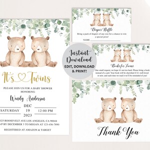Twins Baby Shower Set, Twins Baby Shower Invitation, Twins Baby Shower Invite, Twins Bear Baby Shower, It&#39;s Twins, Twin Baby Shower