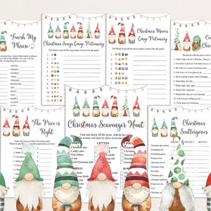 May include: A set of printable Christmas party games featuring gnomes. The games include "Finish My Phrase", "Christmas Songs Emoji Pictionary", "Christmas Movies Emoji Pictionary", "Complete the Christmas Songs", "The Price is Right", "Christmas Scavenger Hunt", and "Christmas Scattergories".