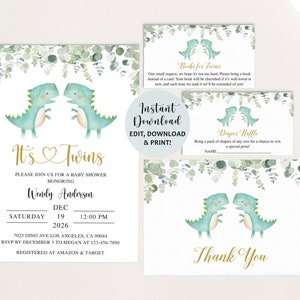 Twin Dinosaur Baby Shower, Twins Baby Shower Set, Twins Baby Shower Invitation, Twins Baby Shower Invite, It&#39;s Twins, Dinosaur Baby Shower