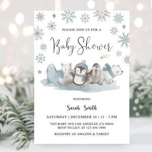 Winter Woodland Baby Shower Invitation Winter Baby Shower Invite Penguin Baby Shower Invite Blue Baby Shower Invitation Snow Baby Shower