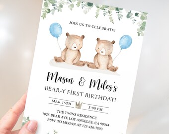 Twin Boys 1st Birthday Invite, Twins Birthday Party Invite, Twin Bears Birthday Invite, Teddy Bear Twins Birthday Invite, Birthday Party