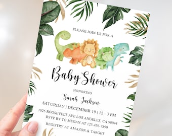 May include: A baby shower invitation with a jungle theme. The invitation features a group of cartoon dinosaurs with green, orange, and blue colors. The text on the invitation reads "Please join us for a Baby Shower honoring Sarah Jackson. Saturday | December 19 | 12-3 PM. 7025 Roosevelt Ave Los Angeles, CA 90044. RSVP by to Megan at 123-456-7890. Registry at Amazon & Target."