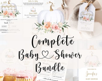 May include: A complete baby shower bundle with a pumpkin theme. The bundle includes a welcome sign, invitations, thank you tags, cupcake toppers, and a baby shower game. The design features a white pumpkin with pink and orange flowers.