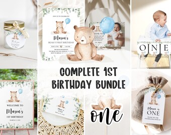 May include: A complete 1st birthday party bundle with a woodland bear theme. The bundle includes a welcome sign, invitations, favor bags, a high chair banner, a cake topper, and a thank you tag. The colors are blue, brown, and green.