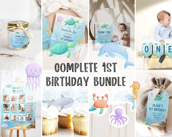 May include: A complete 1st birthday party bundle with an under the sea theme. The bundle includes a printable invitation, thank you card, high chair banner, cupcake toppers, favour tags, and a photo collage. The colours are blue, green, and white.