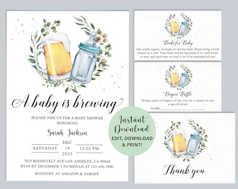 May include: A baby shower invitation set featuring a watercolor illustration of a beer mug and a baby bottle inside a green leaf wreath. The text reads A baby is brewing, Books for Baby, Diaper Raffle, and Thank you, with event details included.