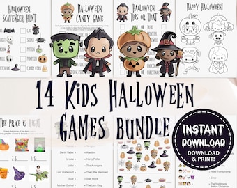 May include: A bundle of 14 Halloween games for kids, featuring printable scavenger hunts, candy games, and 'this or that' activities. Includes cute illustrations of Halloween characters like Frankenstein, vampires, and pumpkins. The bundle is available for instant download and print.