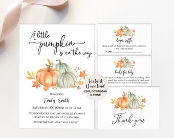 Invitación de baby shower de calabaza, invitación de baby shower de otoño, una pequeña calabaza está en camino, invitación de baby shower de pequeña calabaza