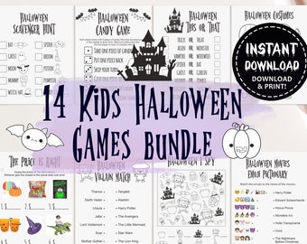 May include: A collection of 14 printable Halloween games for children, including a scavenger hunt, candy game, this or that, price is right, villain match, I spy, and movie emoji pictionary, featuring black and white graphics and text.