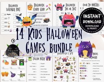 May include: A 14-piece Halloween games bundle for kids featuring printable activity sheets including a scavenger hunt, candy game, this or that, villain match, I spy, and emoji pictionary, decorated with colorful monster illustrations and text.