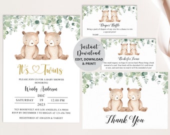 Twins Baby Shower Set, Twins Baby Shower Invitation, Twins Baby Shower Invite, Twins Bear Baby Shower, It's Twins, Twin Baby Shower