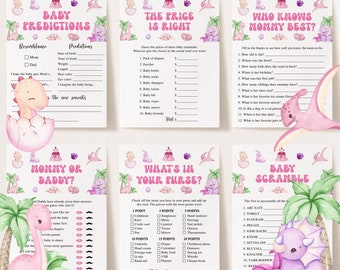 May include: A set of printable baby shower games featuring pink and purple dinosaurs with green leaves. The games include "Baby Predictions", "The Price is Right", "Who Knows Mommy Best?", "Mommy or Daddy?", "What's in Your Purse?", and "Baby Scramble".