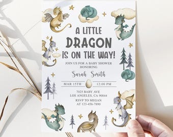 May include: A baby shower invitation with a watercolor illustration of dragons and stars. The text reads "A Little Dragon is on the Way!" with details for the event.