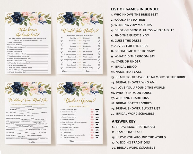 20 Navy Blush Bridal Shower Games, Printable Bridal Shower Games, Floral Bridal Shower, Wedding Shower Games, Bachelorette Party Games image 2