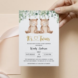 May include: It's Twins baby shower invitation with a watercolor illustration of two brown teddy bears sitting on a branch with green leaves. The invitation includes the date, time, and location of the shower, as well as the name of the honoree, Wendy Anderson. RSVP information and registry details are also included.