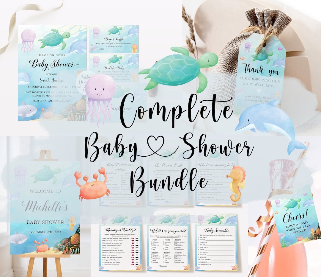 Paquete de baby shower bajo el mar, baby shower bajo el mar, invitación  para baby shower oceánico, juegos náuticos para baby shower, baby shower  para ..., image size:1080x930