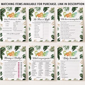Puede incluir: Un conjunto de tarjetas de juego de baby shower imprimibles con un tema de jungla con dinosaurios y hojas. Los juegos incluyen "Predicciones y consejos para beb&eacute;s", "El precio es correcto", "&iquest;Qui&eacute;n conoce mejor a mam&aacute;?", "&iquest;Mam&aacute; o pap&aacute;?", "&iquest;Qu&eacute; hay en tu bolso?" y "Desorden de beb&eacute;".