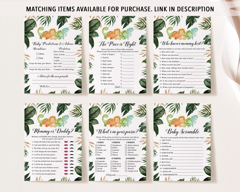 Puede incluir: Un conjunto de tarjetas de juego de baby shower imprimibles con un tema de jungla con dinosaurios y hojas. Los juegos incluyen "Predicciones y consejos para beb&eacute;s", "El precio es correcto", "&iquest;Qui&eacute;n conoce mejor a mam&aacute;?", "&iquest;Mam&aacute; o pap&aacute;?", "&iquest;Qu&eacute; hay en tu bolso?" y "Desorden de beb&eacute;".