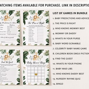 May include: Four white rectangular baby shower game cards featuring watercolor illustrations of a lion, giraffe, and elephant surrounded by tropical leaves. The cards include Baby Predictions & Advice, The Price is Right, Find the Guest, and Baby Shower Bingo.