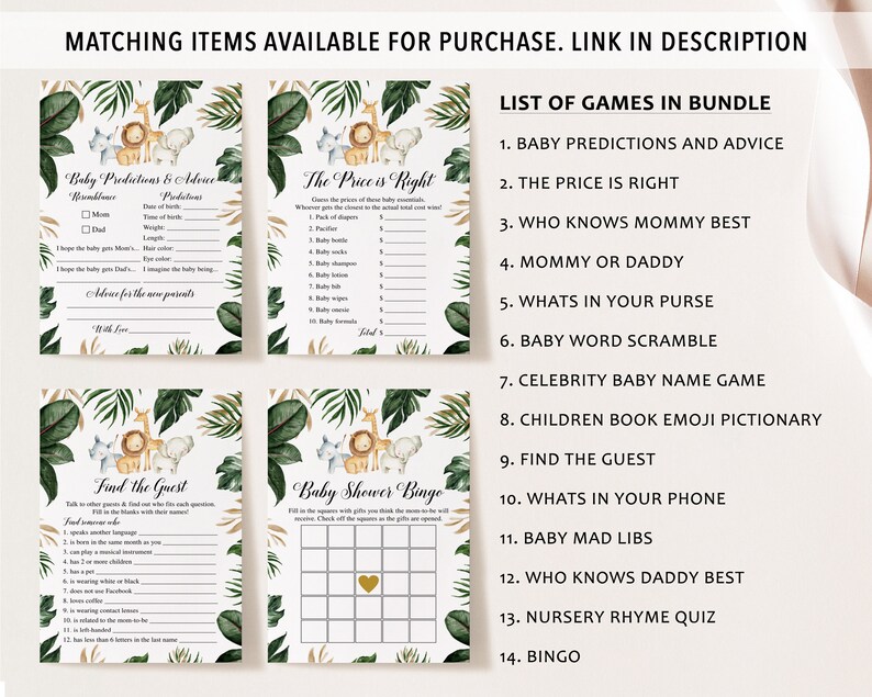May include: Four white rectangular baby shower game cards featuring watercolor illustrations of a lion, giraffe, and elephant surrounded by tropical leaves. The cards include Baby Predictions & Advice, The Price is Right, Find the Guest, and Baby Shower Bingo.