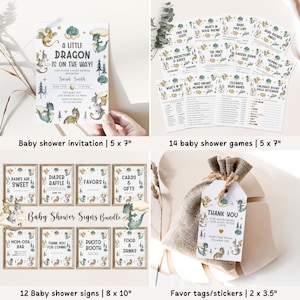 May include: A baby shower invitation with a green and gold dragon design. The invitation is 5 inches by 7 inches. There are also 14 baby shower games, 12 baby shower signs, and 2 by 3.5 inch favor tags with a similar design.