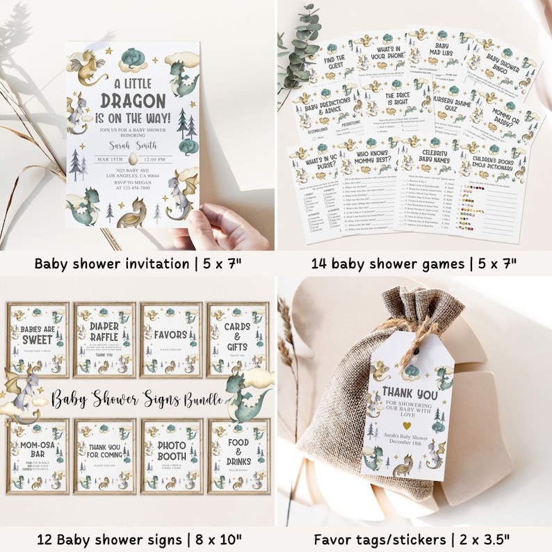 May include: A baby shower invitation with a green and gold dragon design. The invitation is 5 inches by 7 inches. There are also 14 baby shower games, 12 baby shower signs, and 2 by 3.5 inch favor tags with a similar design.