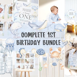 May include: A complete first birthday bundle with an ocean theme. The set includes invitations, water bottle labels, cupcake toppers, and a photo display. The design features illustrations of whales, jellyfish, and other sea creatures. The text reads "MASON is turning ONE".