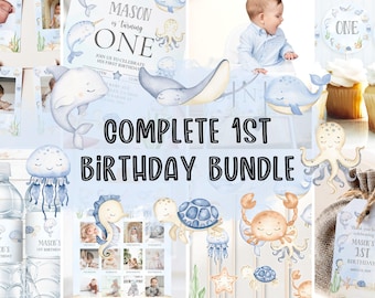 May include: A complete first birthday bundle with an ocean theme. The set includes invitations, water bottle labels, cupcake toppers, and a photo display. The design features illustrations of whales, jellyfish, and other sea creatures. The text reads "MASON is turning ONE".