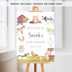 May include: Welcome to Sarah's Baby Shower sign with a watercolor farm theme. The sign features a red barn, a pig, a cow, a sheep, a chicken, a duck, and a donkey. The text on the sign reads "Welcome to Sarah's Baby Shower" and "March 15, 20XX".