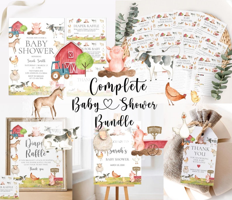 May include: A complete baby shower bundle with a farm theme. The bundle includes invitations, games, a diaper raffle sign, a thank you tag, and a welcome sign. The illustrations feature a pig, cow, sheep, donkey, and chickens.