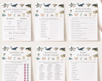 May include: A set of six printable baby shower game cards featuring an ocean theme. The cards include games like "Baby Predictions & Advice", "The Price is Right", "Who Knows Mommy Best?", "Mommy or Daddy", "What's in Your Purse?", and "Baby Scramble".