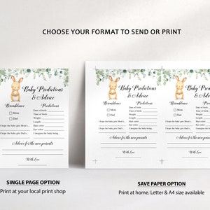 May include: Printable baby shower game cards with a green and brown bunny illustration. The cards feature a list of predictions and advice for the new parents. The text on the cards reads "Baby Predictions & Advice".