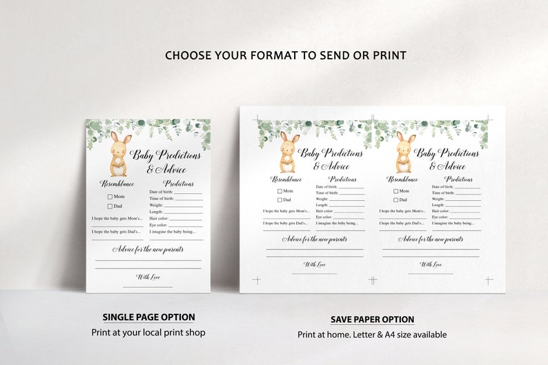 May include: Printable baby shower game cards with a green and brown bunny illustration. The cards feature a list of predictions and advice for the new parents. The text on the cards reads "Baby Predictions & Advice".